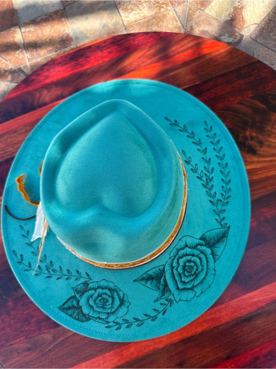 Accessories - Turquoise Wide-Brim Floral Engraved Wool Felt Hat
